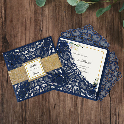 DreamBuilt Square Blue Wedding Invitations with Glitter Belly Band for Wedding - DorisHome