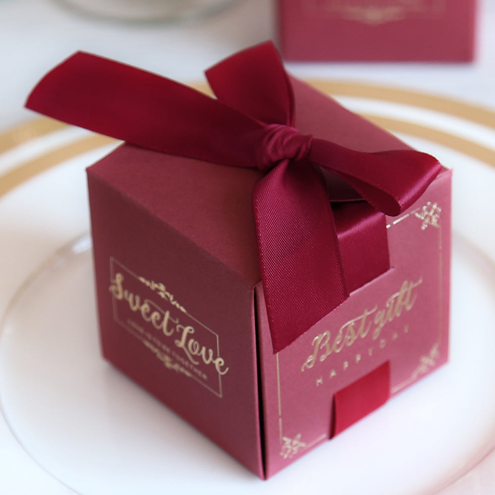 50 pcs Birthday Wedding Party Favor, Wedding Gift Bags Chocolate Candy and Gift Boxes Bridal Shower Party Paper Gift Box Burgundy Boxes with Ribbons,CB080R - DorisHome