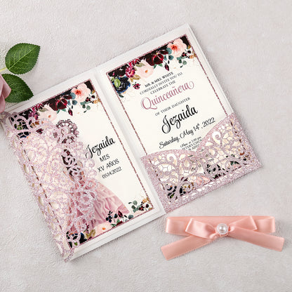 4.7 x7 inch Rose Gold Glitter Laser Cut Hollow Rose Quinceanera Invitations Cards with Envelopes for Quinceanera Party