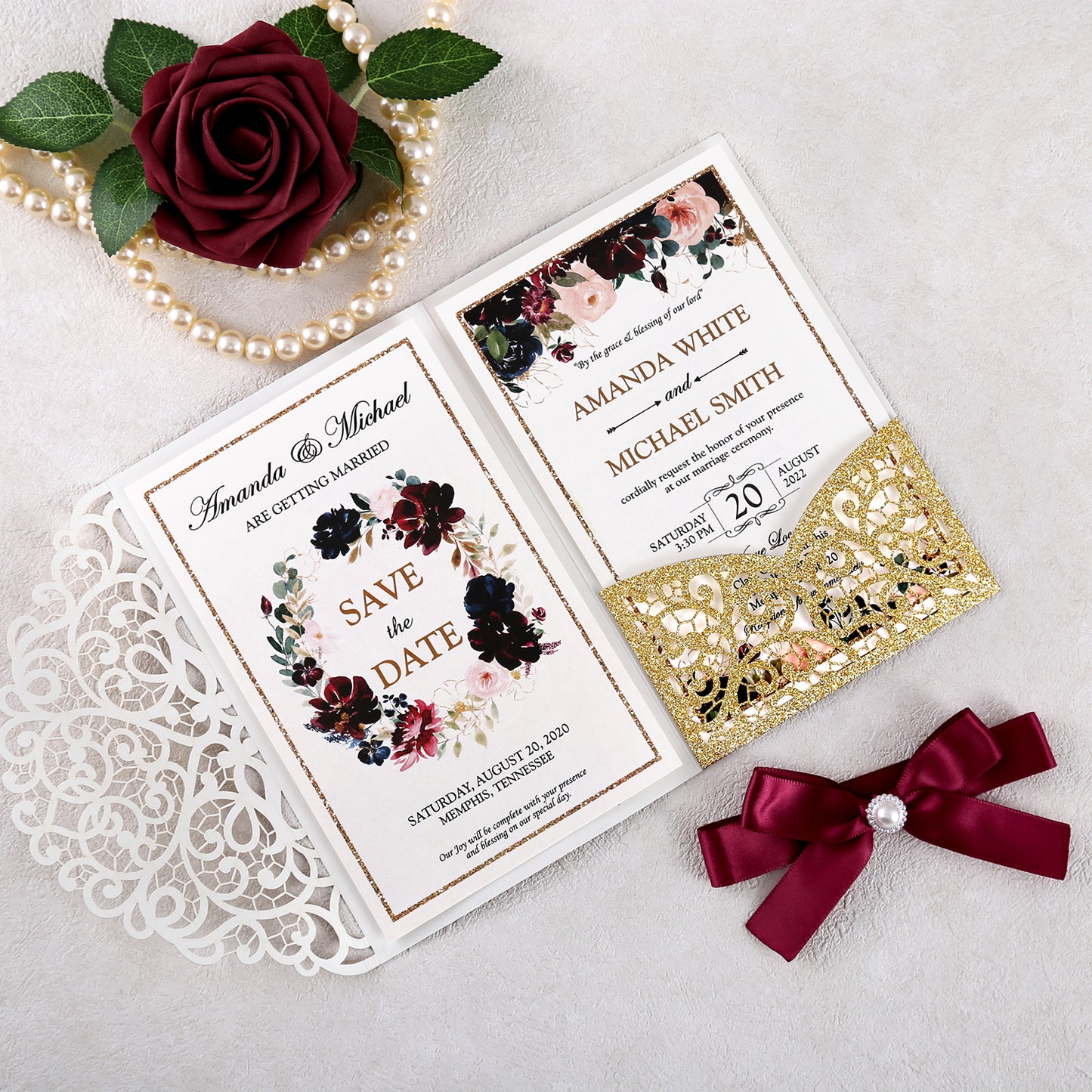 4.7 x7 inch Gold Glitter Laser Cut Hollow Rose Wedding Invitations Cards with Envelopes for Wedding Party