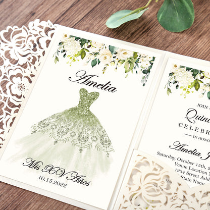White Floral Laser cut invitation cards for Quinceanera - DorisHome