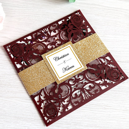 Square Burgundy Wedding Invitations with Gold Glitter Belly Band for Wedding - DorisHome
