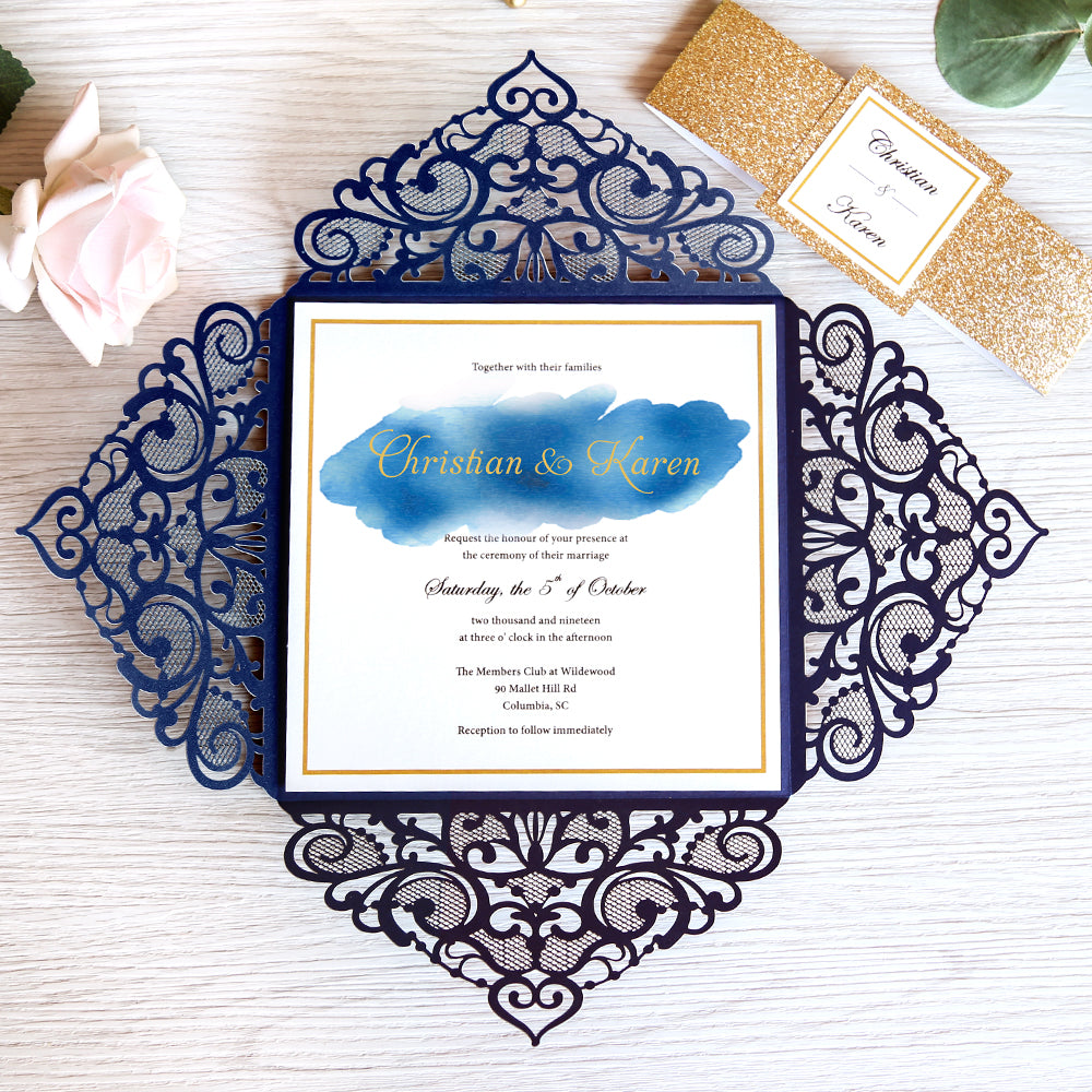 Square Blue Wedding Invitations with Glitter Belly Band for Wedding - DorisHome