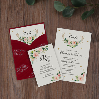 Vertical Laser Cut Wedding Invitation with Red Hollow Flora - DorisHome