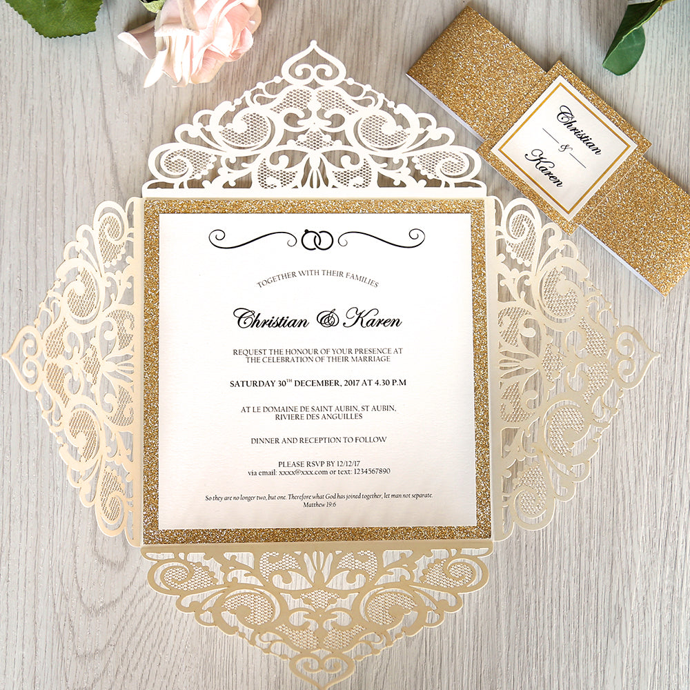 Square Ivory Wedding Invitations with Gold Glitter Border with Gold Band for Wedding, Bridal Shower, Dinner, Party - DorisHome