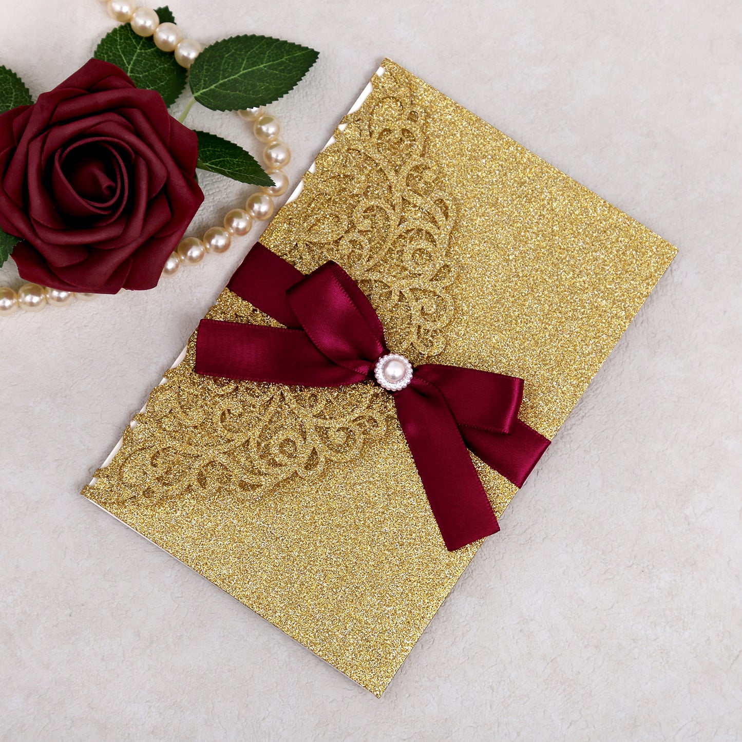 4.7 x7 inch Gold Glitter Laser Cut Hollow Rose Quinceanera Invitations Cards with Envelopes for Quinceanera Party