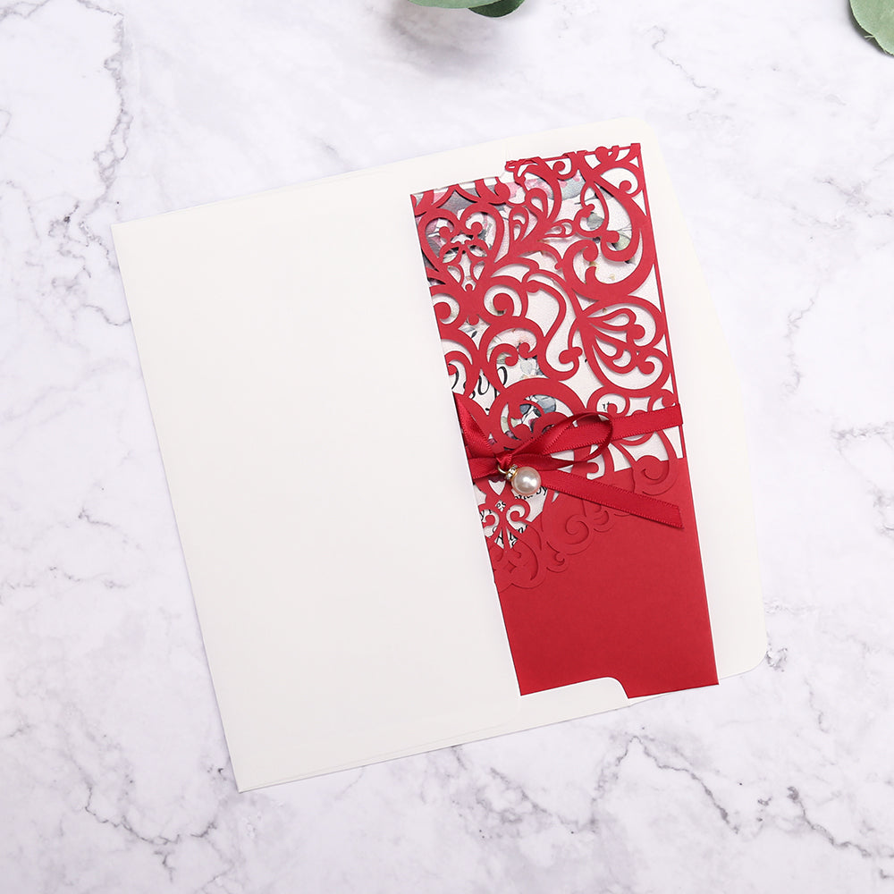 Red Floral Laser cut invitation cards with ribbon belly band and pearl for Wedding