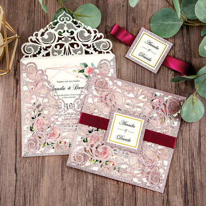 Square Rose Gold Glitter Wedding Invitations with Glitter Belly Band for Wedding - DorisHome