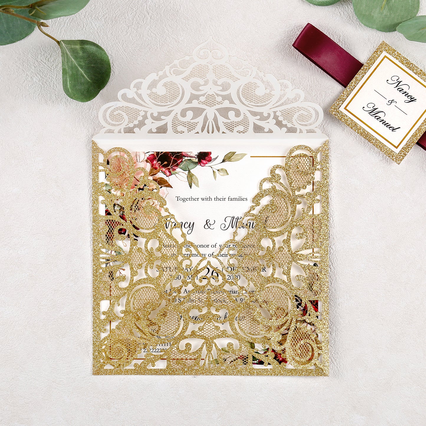 Square Rose Gold Glitter Wedding Invitations with Glitter Belly Band for Wedding 的副本 - DorisHome