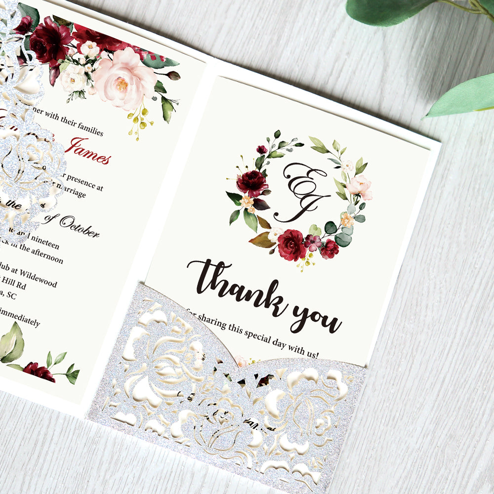 Glitter Silver Floral Laser cut invitation cards for Wedding - DorisHome