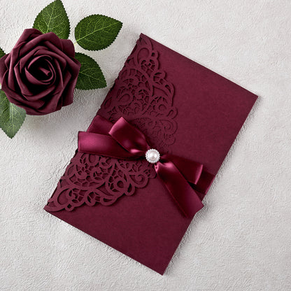 4.7 x7 inch Burgundy Laser Cut Hollow Rose Quinceanera Invitations Cards with Envelopes for Quinceanera Party
