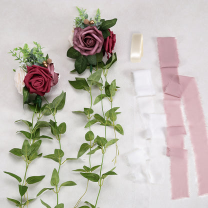 Wedding Aisle Decorations Mauve Burgundy Pew Flowers Set of 10 for Wedding Ceremony Party Chair Decor with Artificial Flowers Eucalyptus and Ribbons