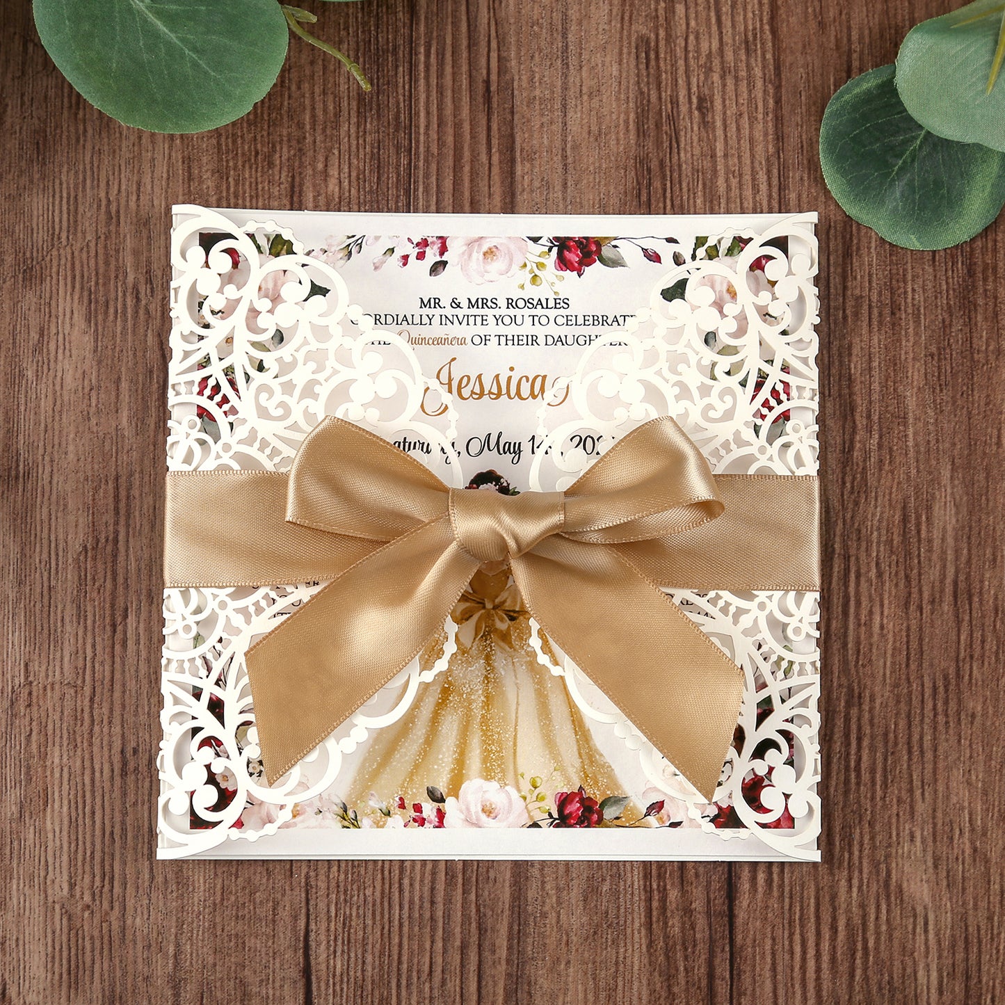 Square Wedding Invitations Cards with Gold Ribbon For Quinceanera - DorisHome