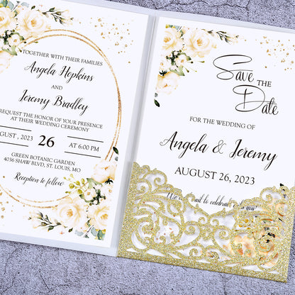 4.7 x7 inch Gold Glitter Laser Cut Hollow Rose Wedding Invitations Cards with Glitter Pockets and Envelopes for Wedding Party - DorisHome