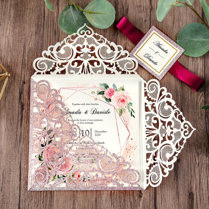 Square Rose Gold Glitter Wedding Invitations with Glitter Belly Band for Wedding - DorisHome