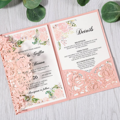 Pink Floral Laser cut invitation cards for Wedding