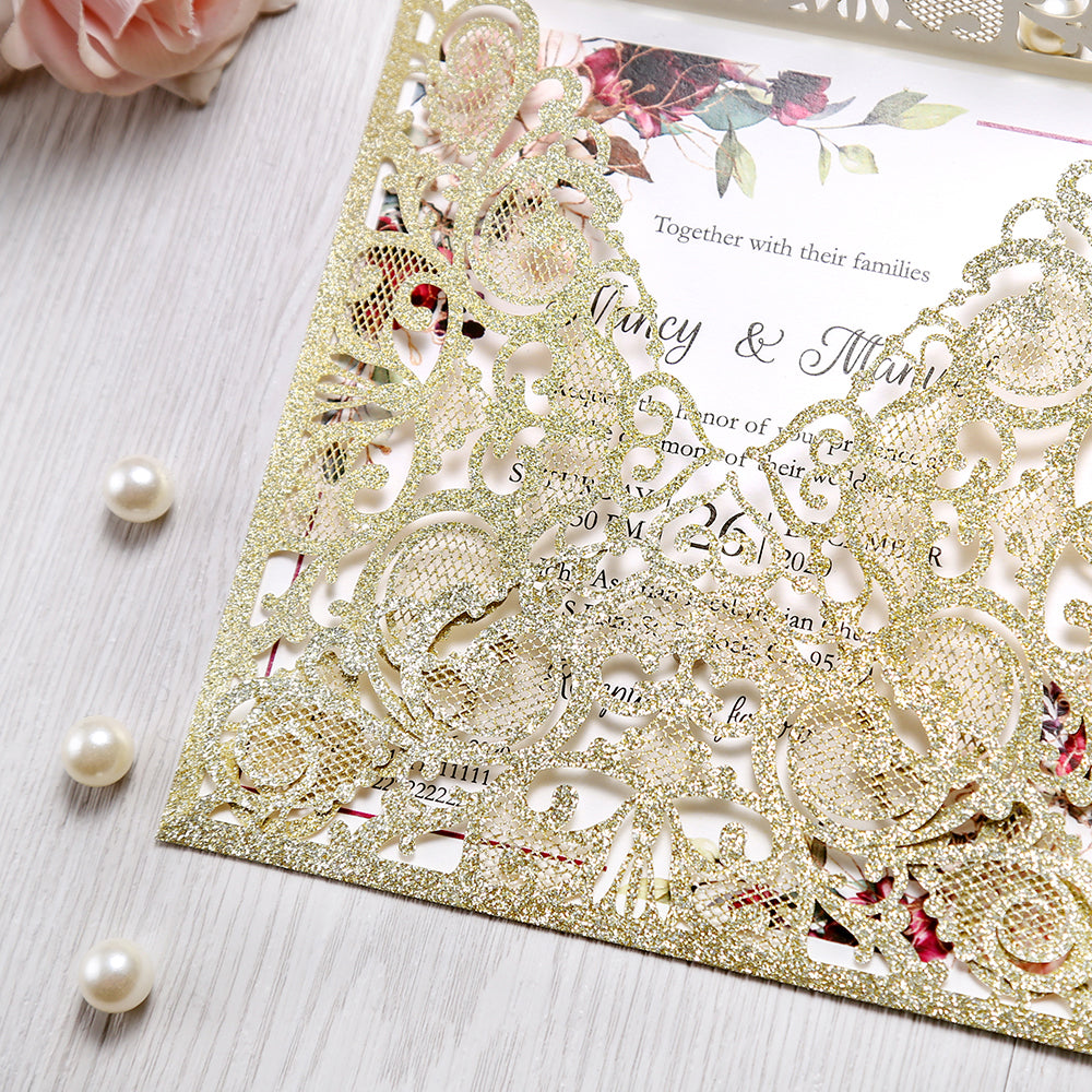 Square Glitter Gold Wedding Invitations with Burgundy Ribbon Belly Band for Wedding - DorisHome