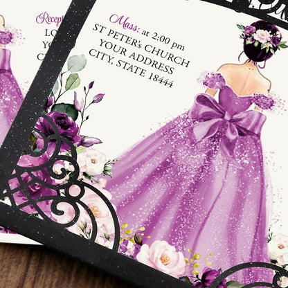 Pearlized Black Invitations Purple Greeting Cards For Quinceanera