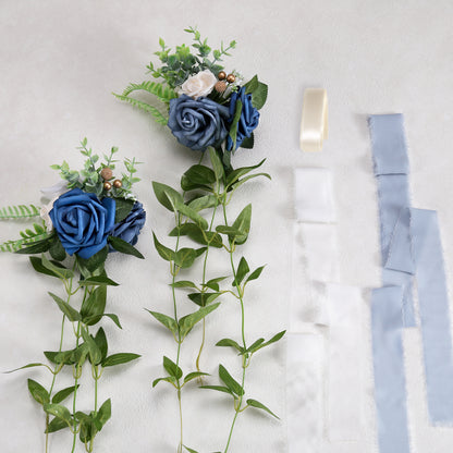 Wedding Aisle Decorations Blue Pew Flowers Set of 10 for Wedding Ceremony Party Chair Decor with Artificial Flowers Eucalyptus and Ribbons
