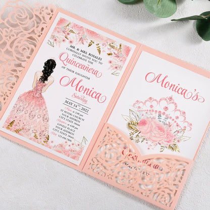 4.7 x7 inch Pink Laser Cut Hollow Rose Wedding Invitations Cards with Pearlized Pockets and Envelopes for Wedding Bridal Shower - DorisHome