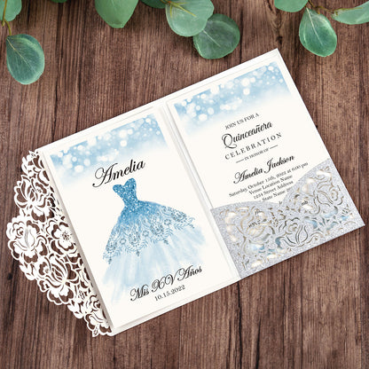 Glitter Silver Floral Laser cut invitation cards for Quinceanera - DorisHome