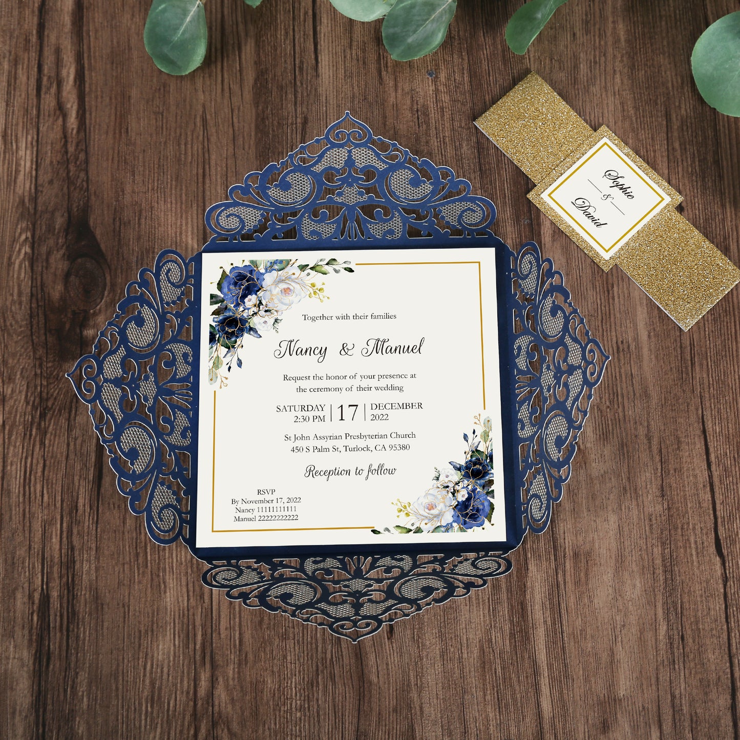 Square Blue Wedding Invitations with Glitter Belly Band for Wedding
