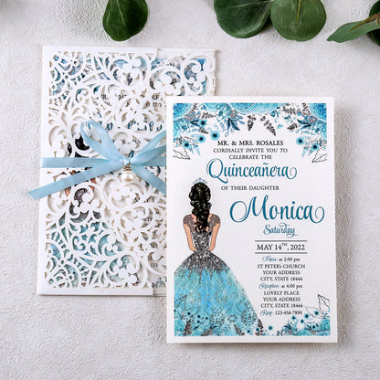 5 X 7.2" Laser Cut Hollow Rose Wedding invitations Cards With Blue Ribbon And Envelopes For Quinceanera Sweet 15 Invite - DorisHome