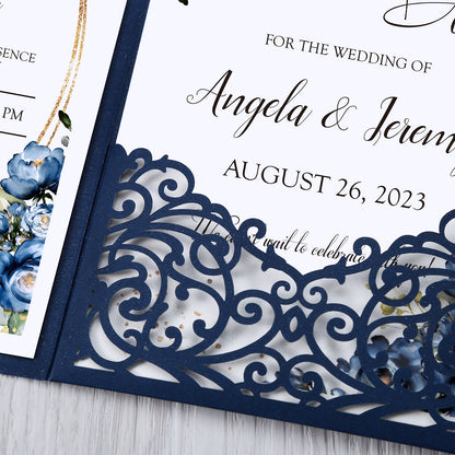 4.7 x7 inch Blue Laser Cut Hollow Rose Wedding Invitations Cards with Envelopes for Wedding Party - DorisHome