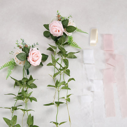 Wedding Aisle Decorations Pink Pew Flowers Set of 10 for Wedding Ceremony Party Chair Decor with Artificial Flowers Eucalyptus and Ribbons