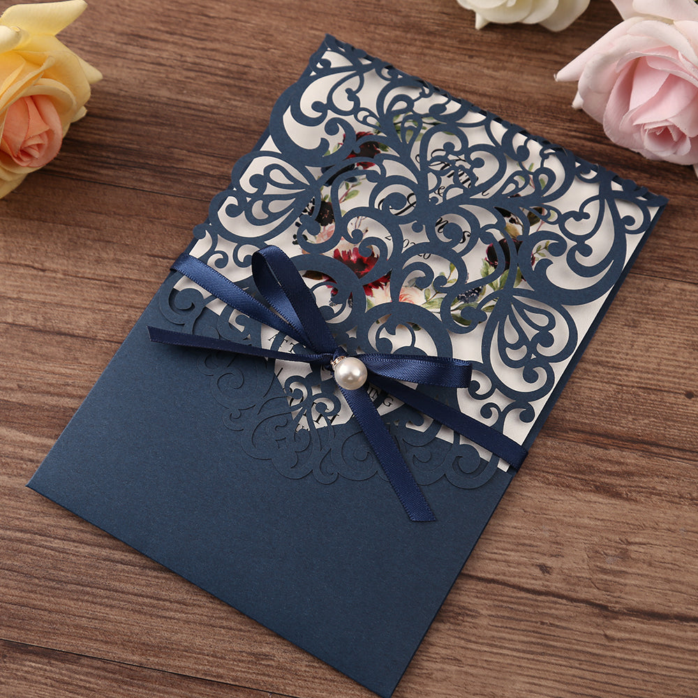 Navy Blue Pearl Pendant Floral Laser cut invitation cards for Wedding Anniversary - DorisHome
