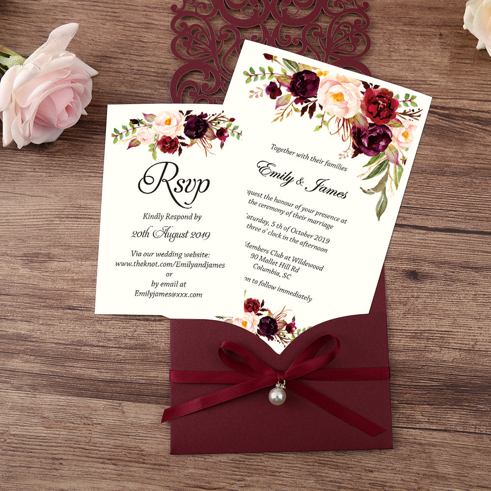 Burgundy Floral Laser cut invitation cards with ribbon bellyb band and pearl for wedding - DorisHome