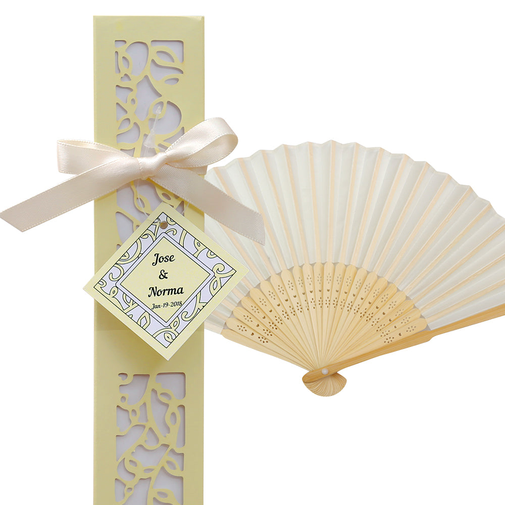50pcs Satin Silk Folding Hand Held Bamboo Fans with Names for Summer Wedding Favor, Ivory - DorisHome