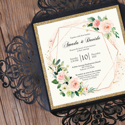 Square Black Laser Cut Lace Flower Invitations Cards - DorisHome