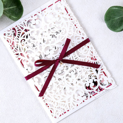 5 X 7.2" Laser Cut Hollow Rose Wedding invitations Cards With Burgundy Ribbon And Envelopes For Wedding Bridal Shower Engagement - DorisHome