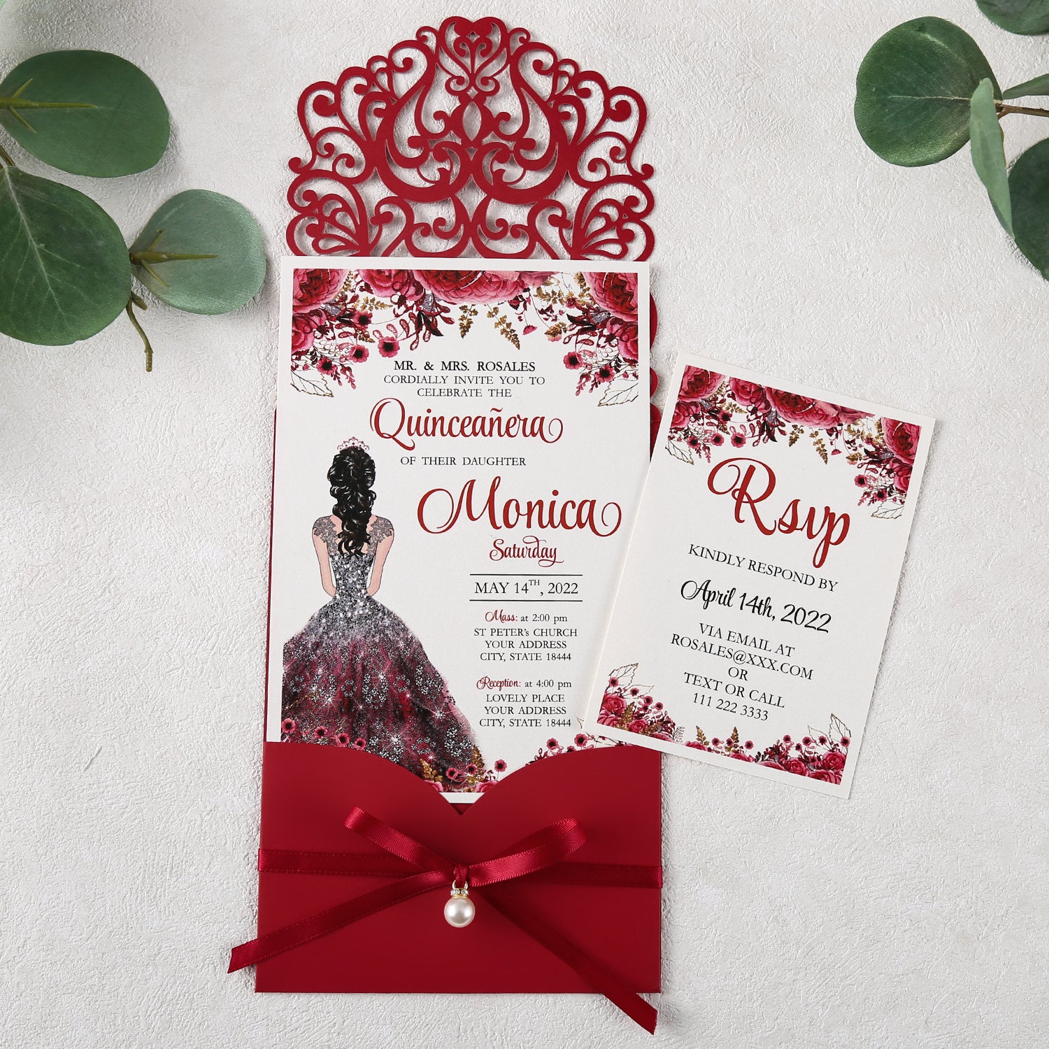 Red Floral Laser cut invitation cards with ribbon belly band and pearl for Quinceanera - DorisHome