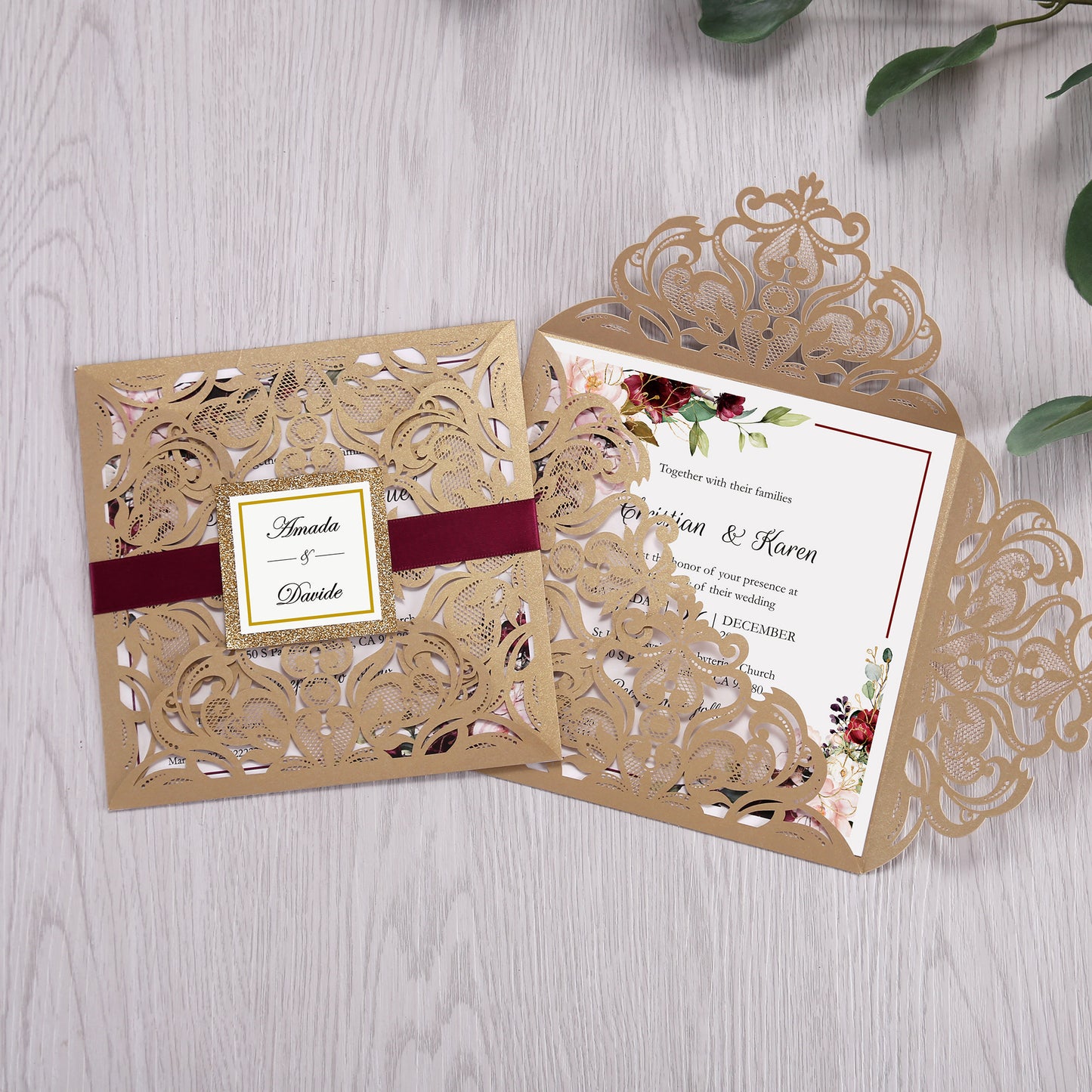 Square Gold Laser Cut Lace Flower Invitations Cards