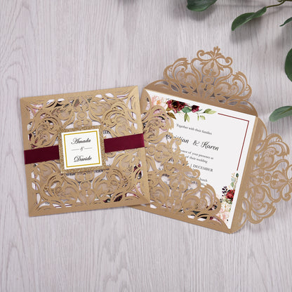 Square Gold Laser Cut Lace Flower Invitations Cards - DorisHome