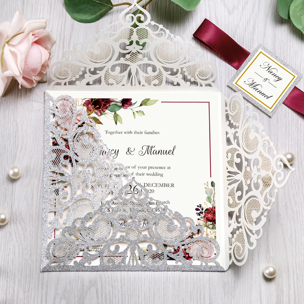 Square Glitter Sliver Wedding Invitations with Burgundy Ribbon Belly Band for Wedding - DorisHome