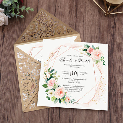 Square Gold Lase-cut Lace Flower Pattern Wedding Invitations - DorisHome