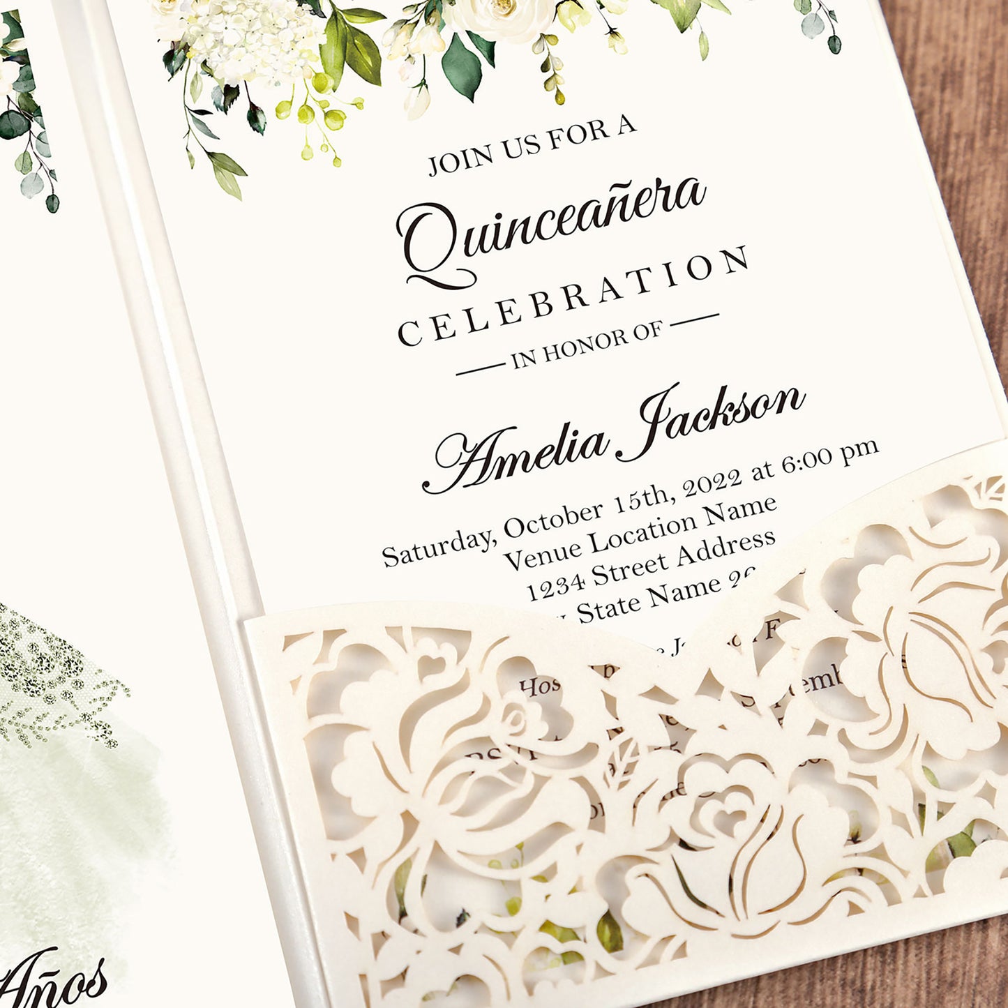 White Floral Laser cut green design invitation cards for Quinceanera