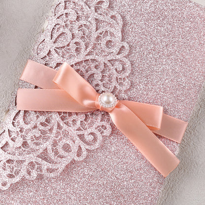 4.7 x7 inch Rose Gold Glitter Laser Cut Hollow Rose Wedding Invitations Cards with Envelopes for Wedding Party