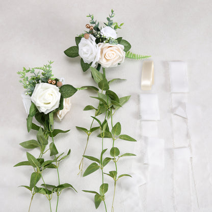 Wedding Aisle Decorations White Pew Flowers Set of 10 for Wedding Ceremony Party Chair Decor with Artificial Flowers Eucalyptus and Ribbons