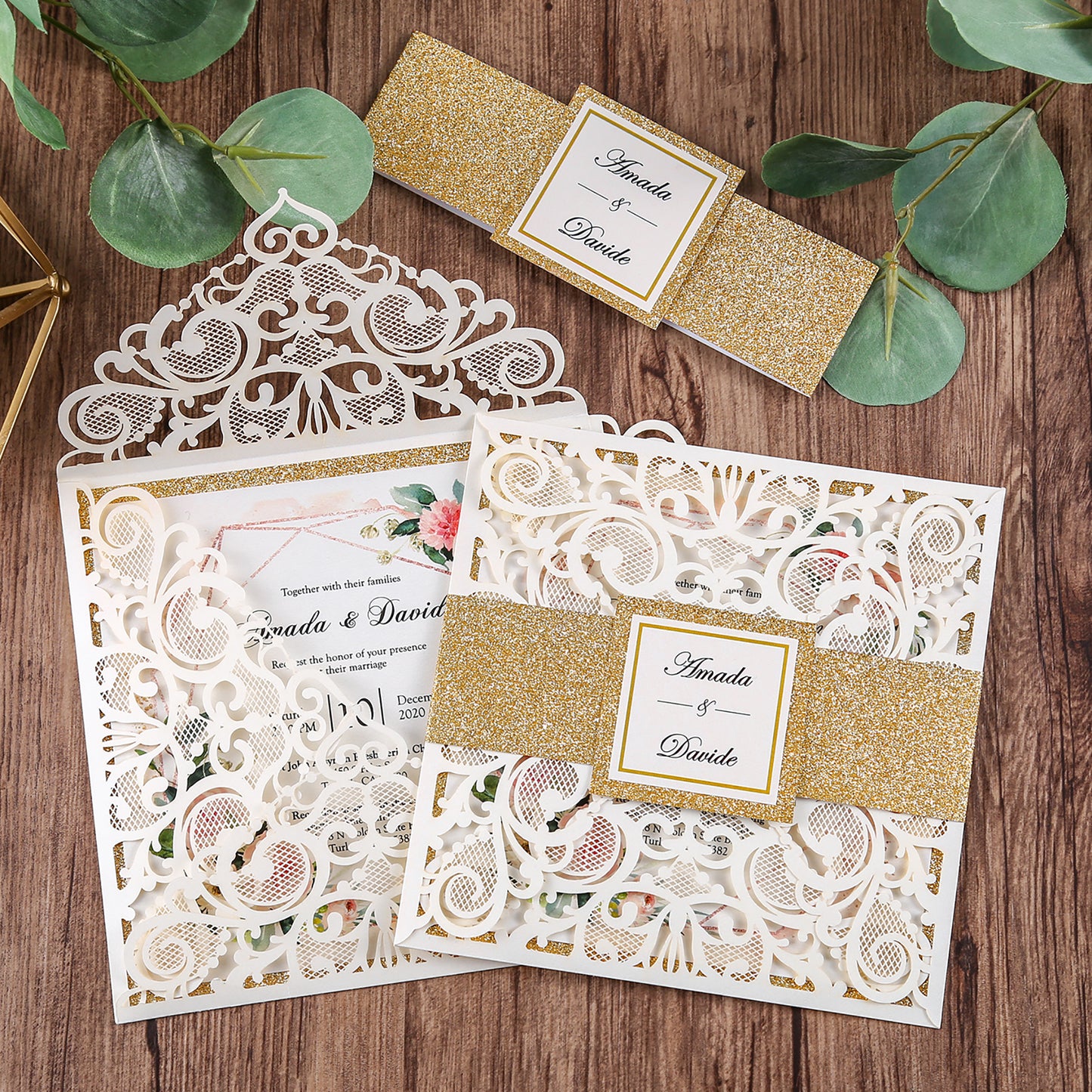 Square Ivory Wedding Invitations with Gold Glitter Border with Gold Band for Wedding, Bridal Shower, Dinner, Party