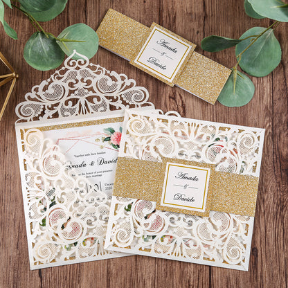 DreamBuilt Square Ivory Wedding Invitations with Gold Glitter Border with Gold Band for Wedding, Bridal Shower, Dinner, Party - DorisHome