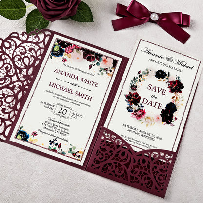 4.7 x7 inch Burgundy Laser Cut Hollow Rose Wedding Invitations Cards with Envelopes for Wedding Party