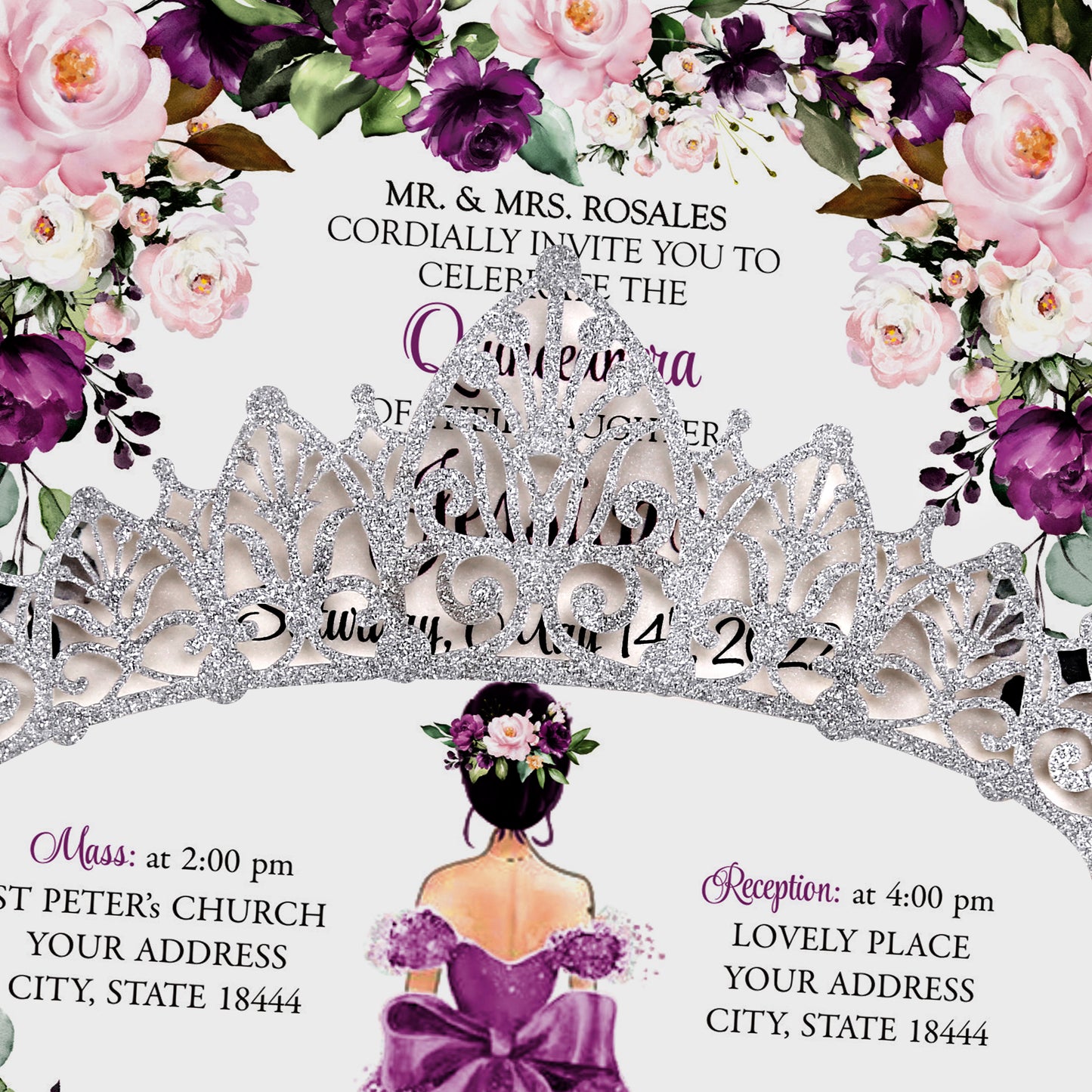 Silver Glitter Invitations Purple Greeting Cards For Quinceanera