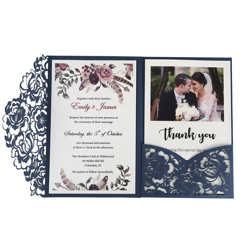 Blue Floral Laser cut invitation cards for Wedding, Anniversary - DorisHome