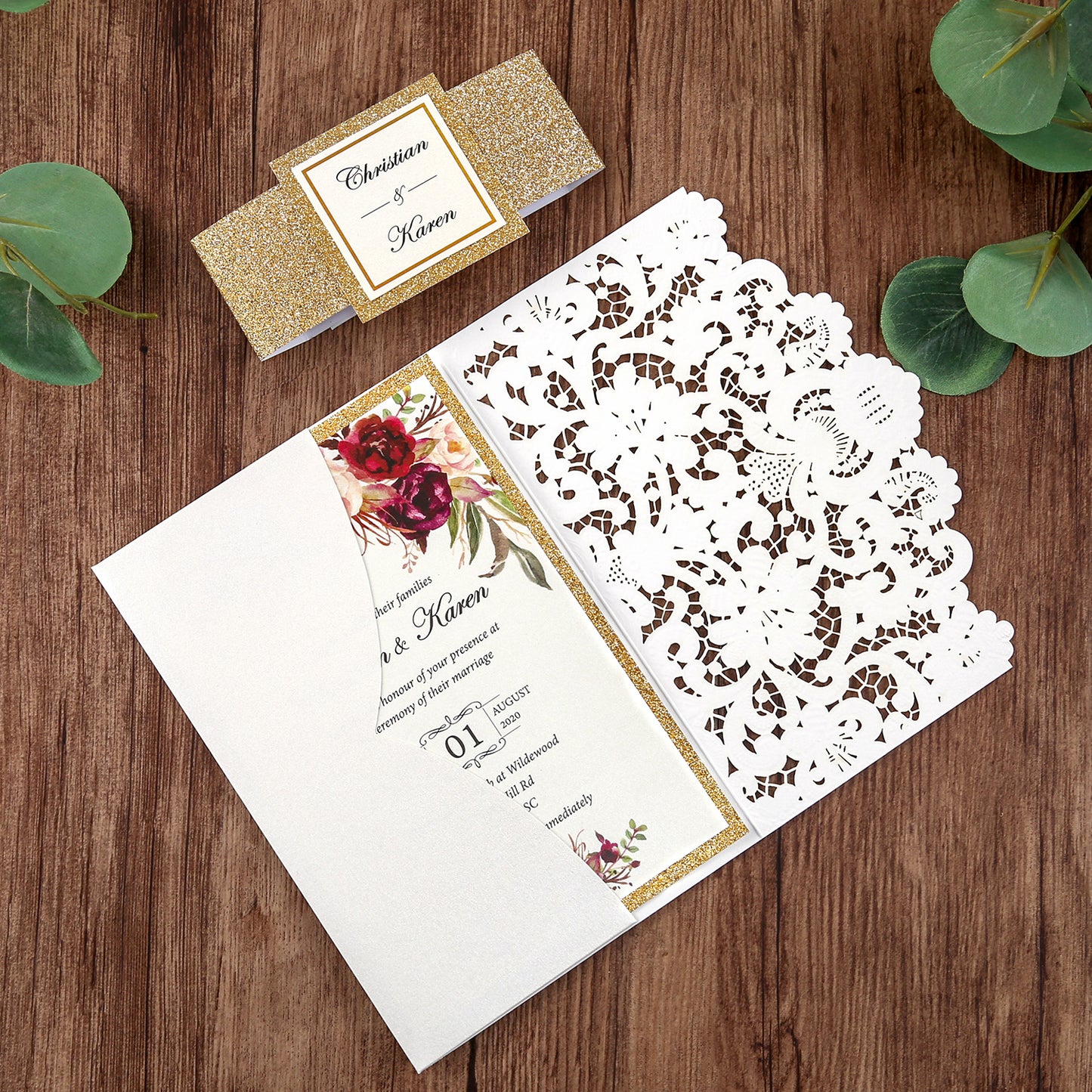 White Hollow Flora Laser Cut Invitations with Gold Glitter Border and Glitter Belly Band for wedding,bridal shower
