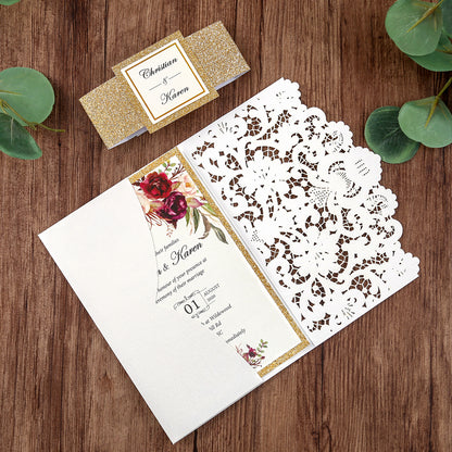 White Hollow Flora Laser Cut Invitations with Gold Glitter Border and Glitter Belly Band for wedding,bridal shower
