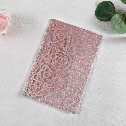 4.7 x7 inch Rose Gold Glitter Laser Cut Hollow Rose Wedding Invitations Cards with Glitter Pockets and Envelopes for Quincenera Birthday Party - DorisHome